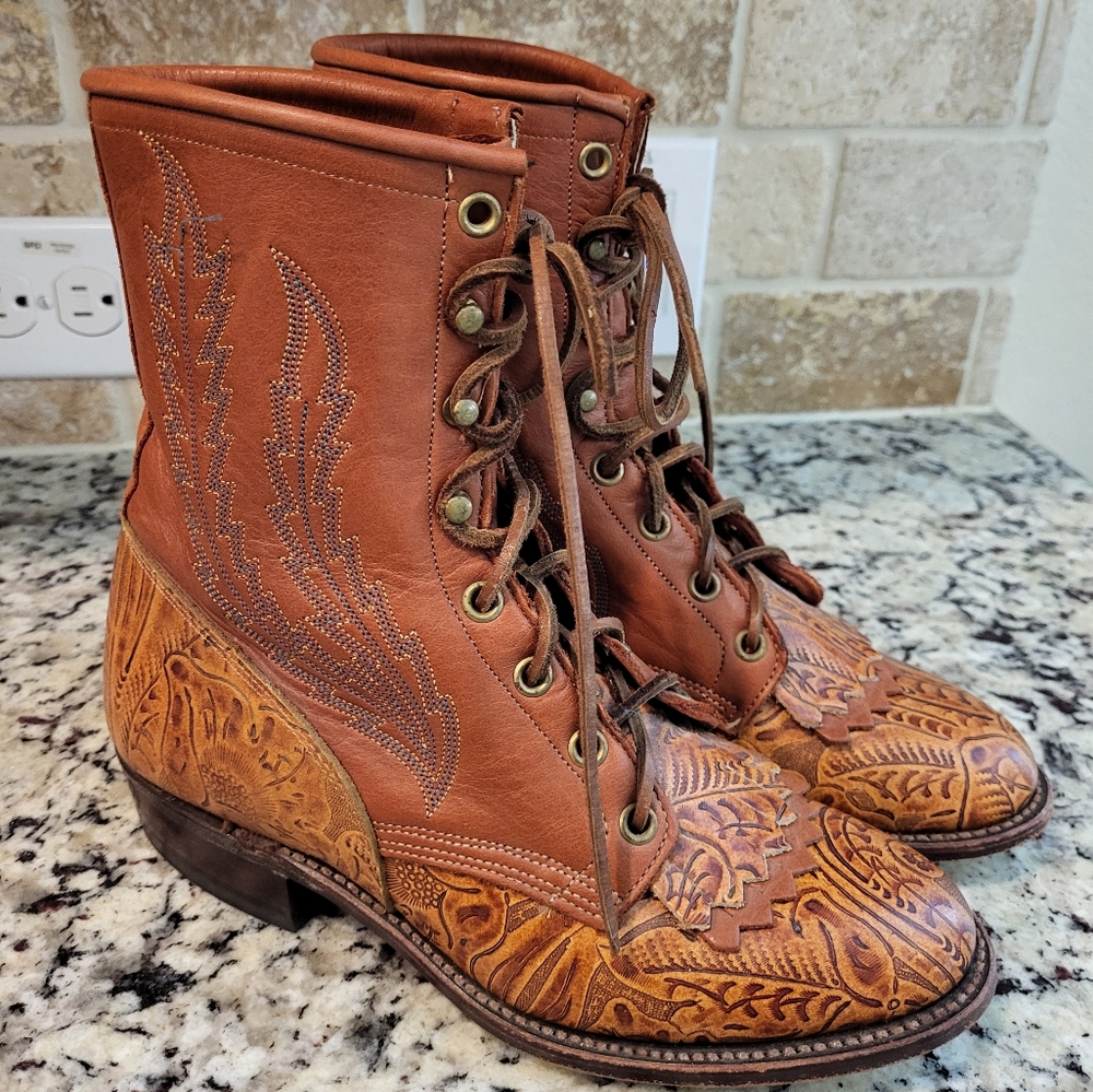 Larry Mahan Brown Lace Up Boots with Intricate Detailing